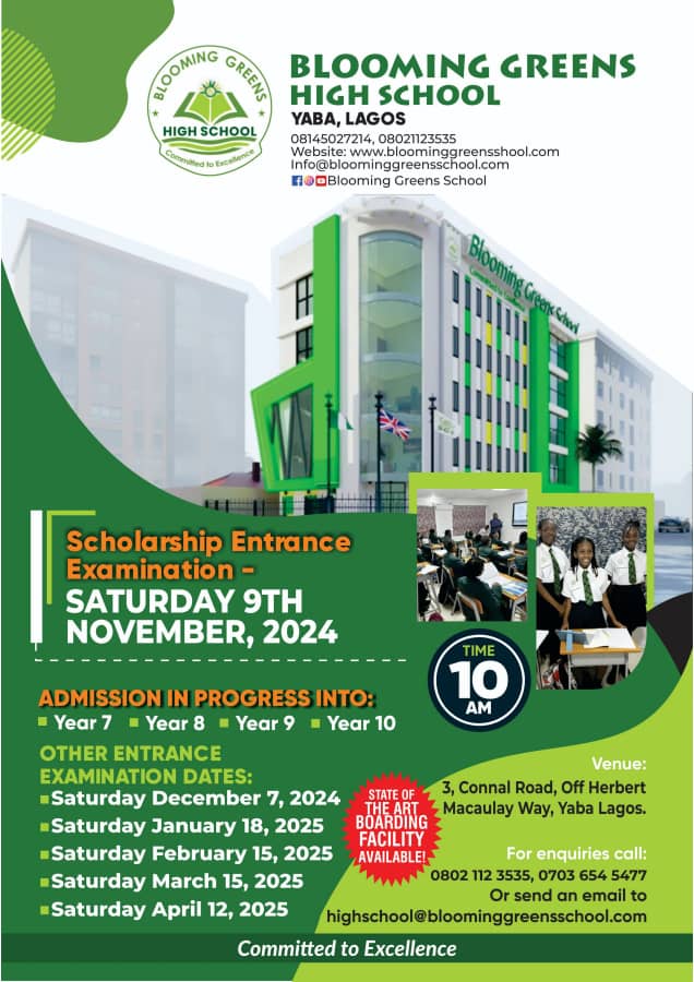 Blooming Greens High School Announces Date for Scholarship Examination Blooming Greens High School Announces Date for Scholarship Examination